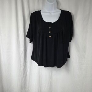Thanth Shirt Womens XL Black Scoop Neck Button Henley Short Sleeve Tunic Top